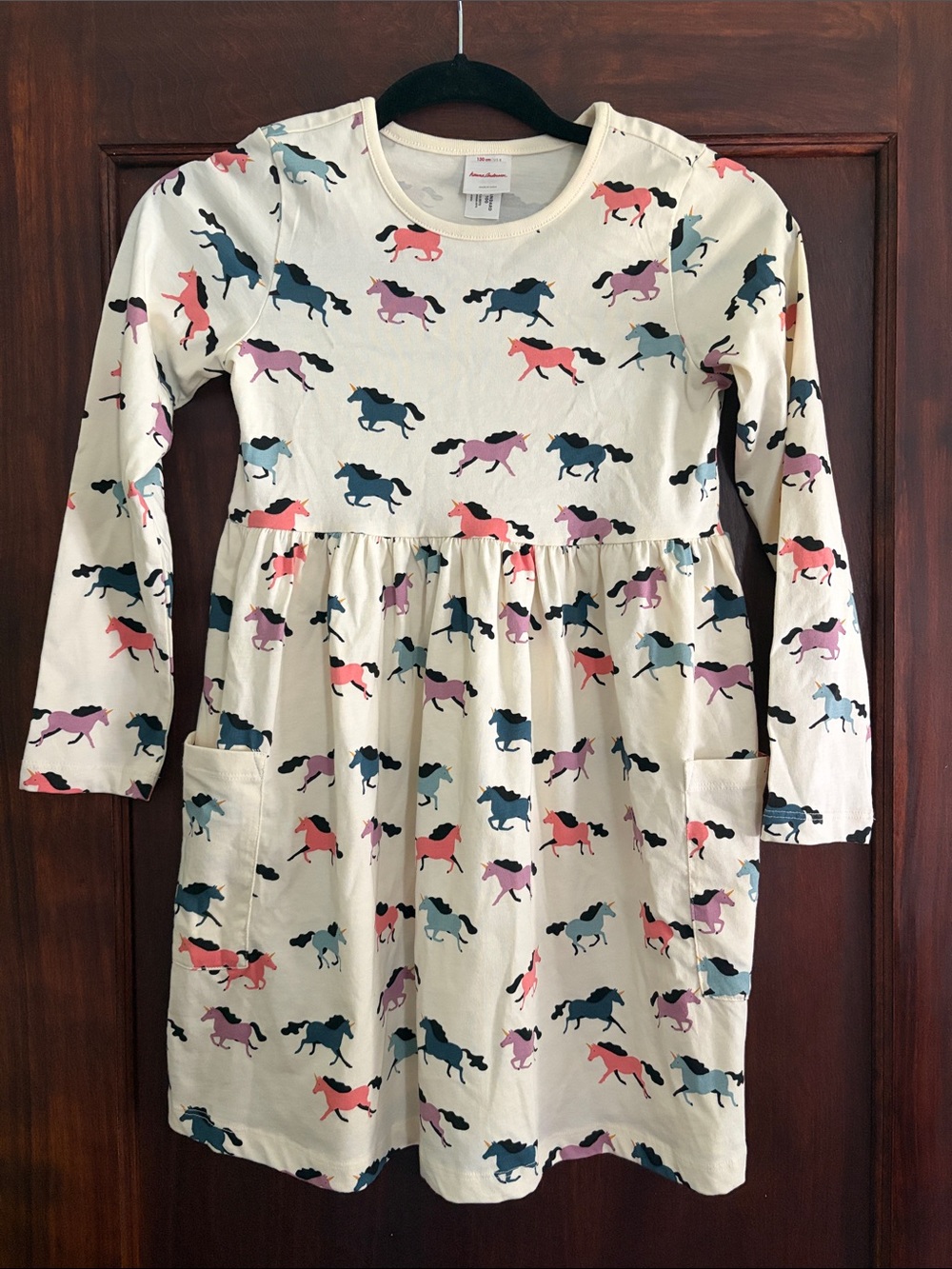 Hanna Andersson Cream Dress with Multicolor Horse Print